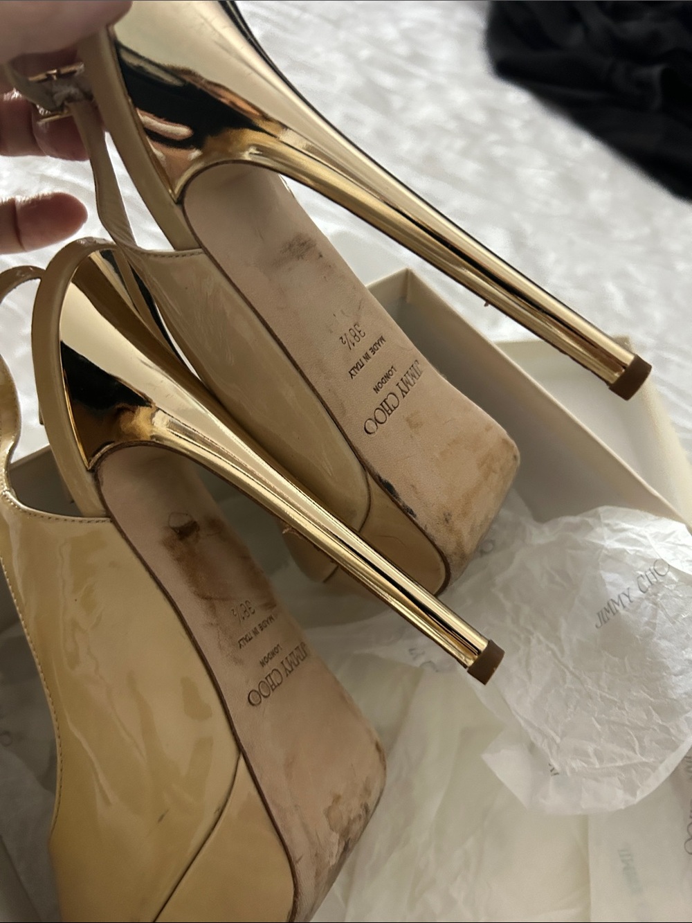 Jimmy Choo Beige Patent Leather Platform Peep-Toe Slingbacks make your offer !!! - Picture 9 of 9